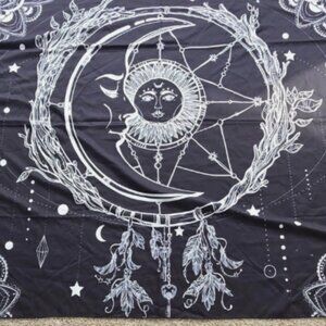 Sun Moon Tapestry Wall Hanging Stars Space Psychedelic Black and White Tapestrie